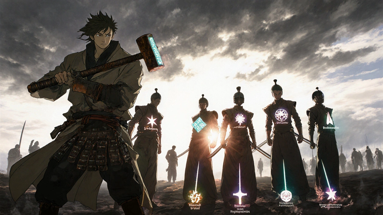 A defeated warrior with Cytoxan sledgehammer stands as five glowing alternatives form a radiant circle.