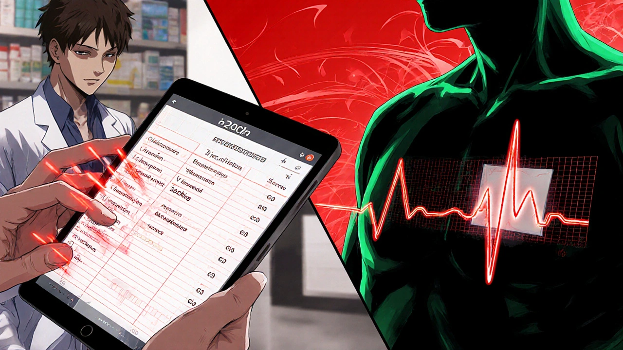A pharmacist checking medication interactions while a patient wears a cardiac patch, risk shifting from red to green.