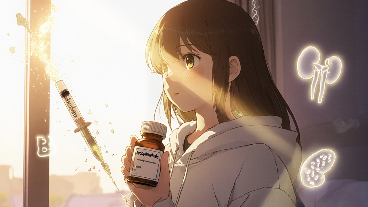 A woman holds mycophenolate pill as sunlight shines, while a ghostly Cytoxan syringe dissolves into ash.