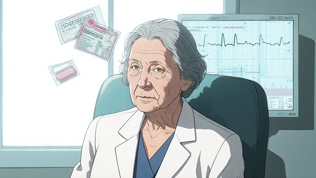 An elderly woman in a clinic with an ECG monitor showing a dangerous heart rhythm, drug labels floating above her chest.