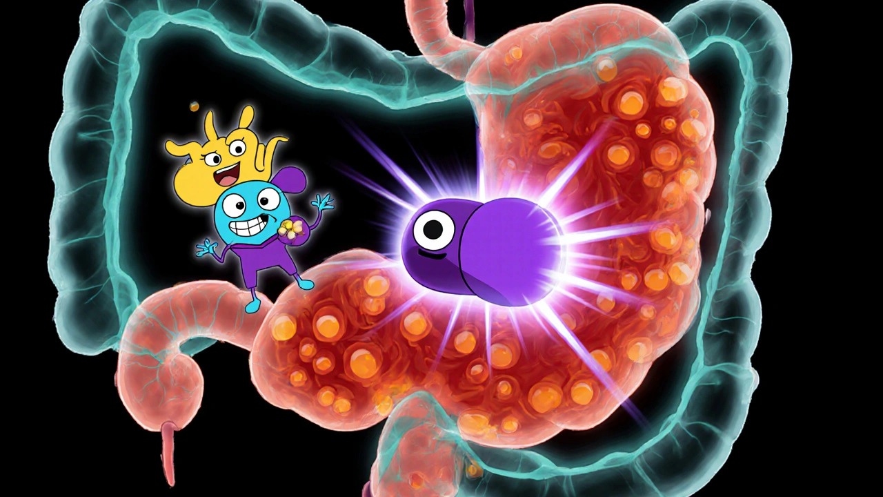 Animated gut shows Orlistat blocking lipase enzymes from breaking down fat droplets.