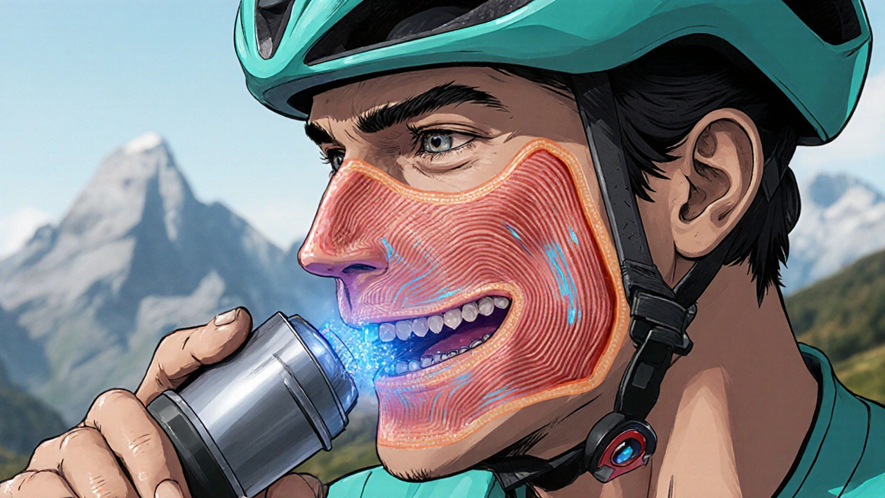 Cross‑section of airway showing fluticasone particles reducing inflammation.