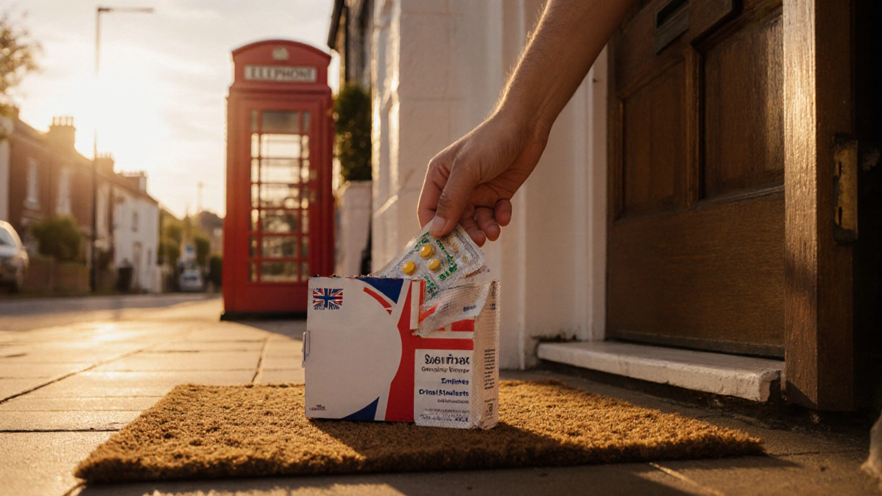 Delivery box on doorstep opened to reveal generic Zovirax blister pack, hand reaching for it.