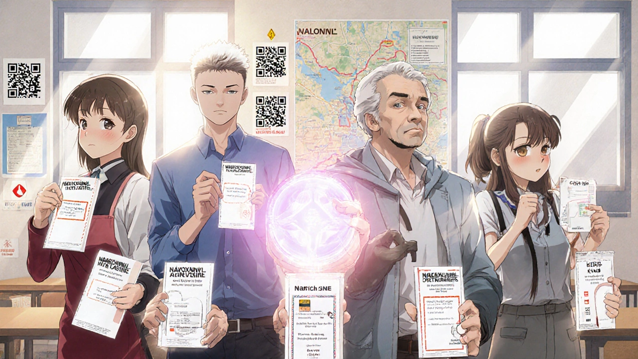 Diverse group holding naloxone kits in a community center, surrounded by fentanyl test strips and resource maps.