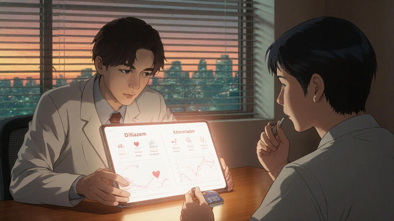 Doctor and patient discussing a holographic chart of Diltiazem and alternatives in a softly lit clinic.