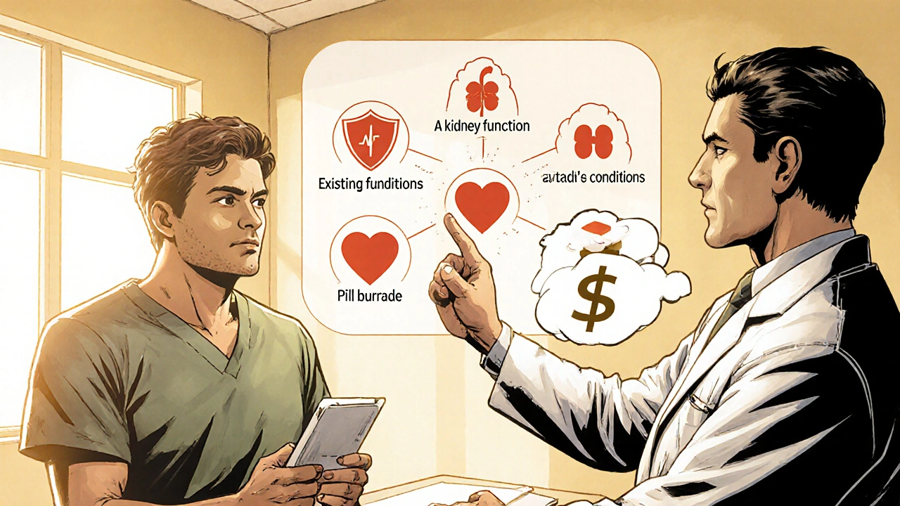 Doctor and patient reviewing decision icons for choosing a blood‑pressure drug in a comic‑book style scene.