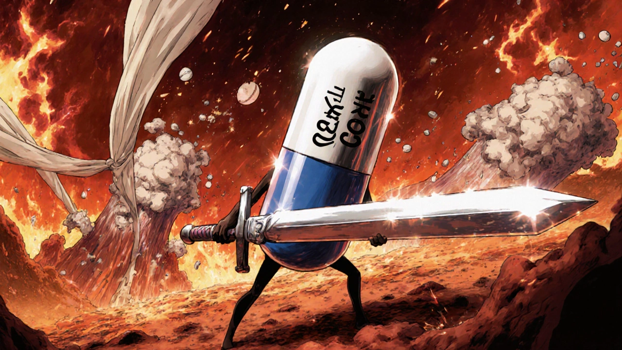 Etodolac capsule hero battles COX enzymes and prostaglandin clouds in fiery setting.