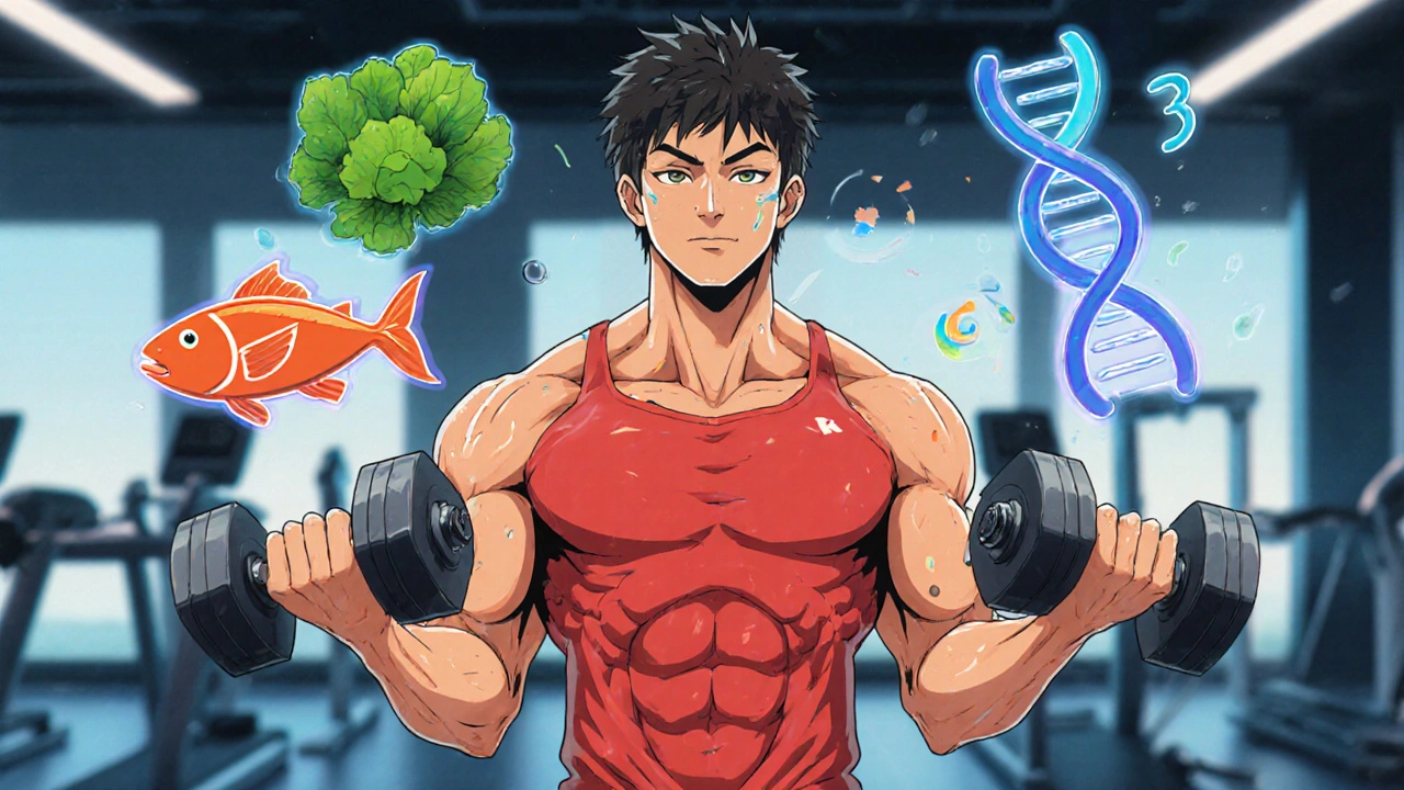 Fit anime character doing strength training, eating fish, with DNA symbols swirling.