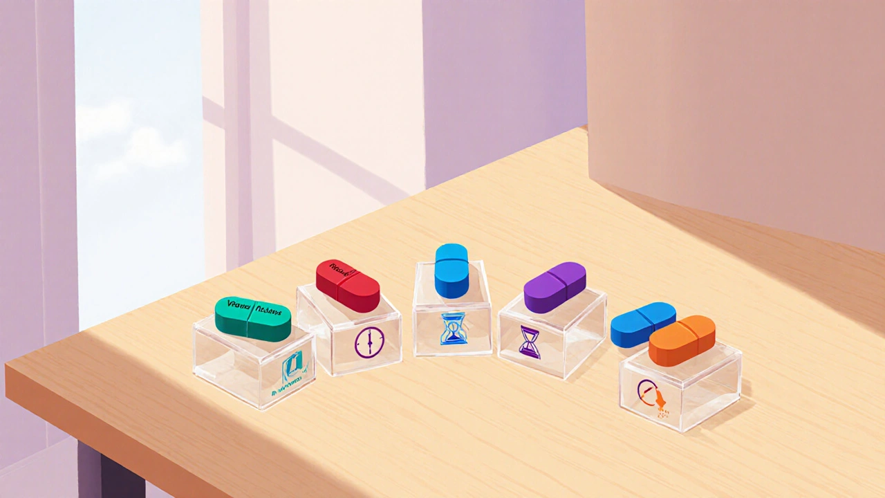 Flat-lay of five ED pills with icons showing onset and duration on a light wood table.
