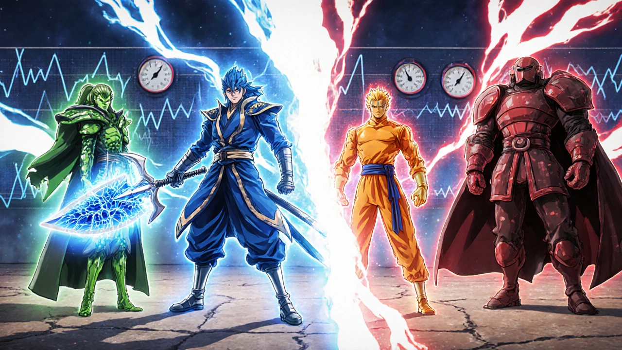 Four stylized characters representing Diltiazem, Amlodipine, Nifedipine, and Verapamil in a dynamic battle scene.