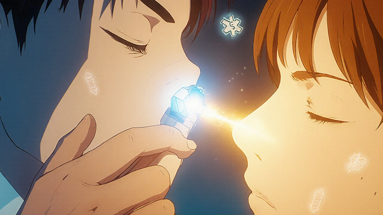 Hand administering naloxone nasal spray to an overdosed person, faint life glow returning.