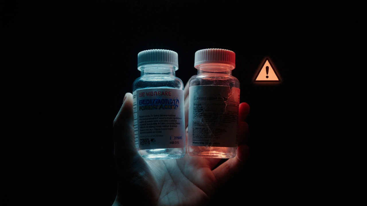 Hand holding authentic and counterfeit medicine bottles, highlighting safety warning.