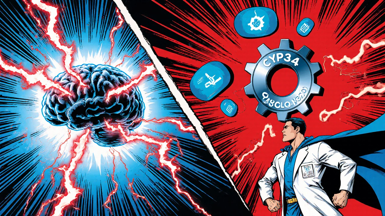 Illustration of brain vessels reacting to serotonin and a doctor battling the CYP3A4 enzyme.