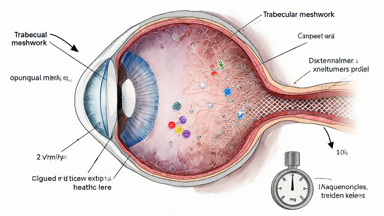 Illustration of eye cross‑section with clogged trabecular meshwork and pressure gauge.