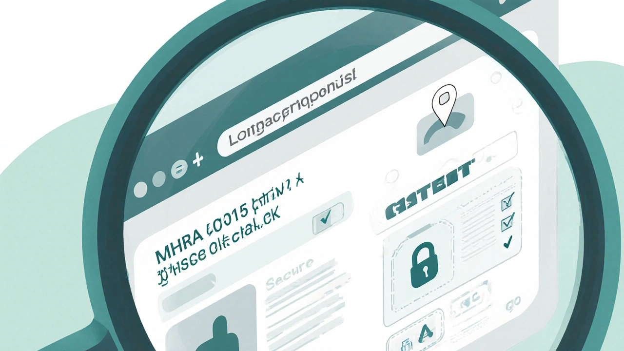 Magnifying glass highlighting MHRA licence, address, padlock, and CQC icons on a website footer.