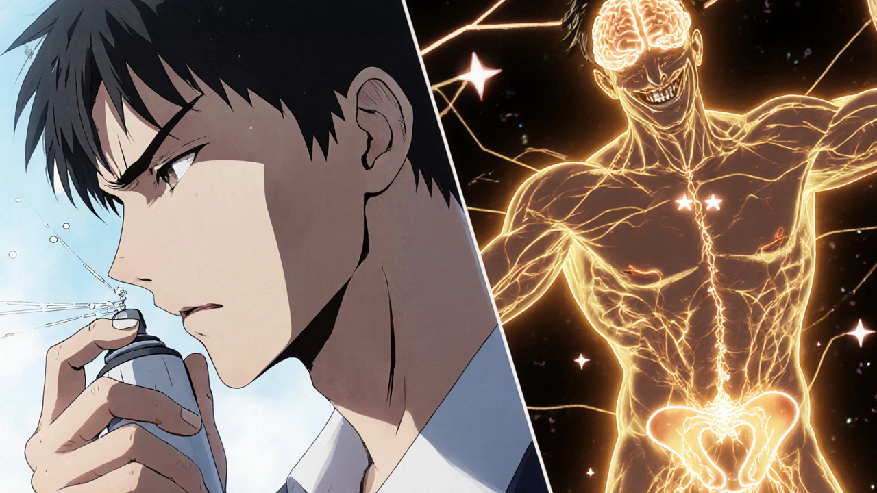 Man applying numbing spray on left, relaxed during intimacy on right, with glowing neural pathways.