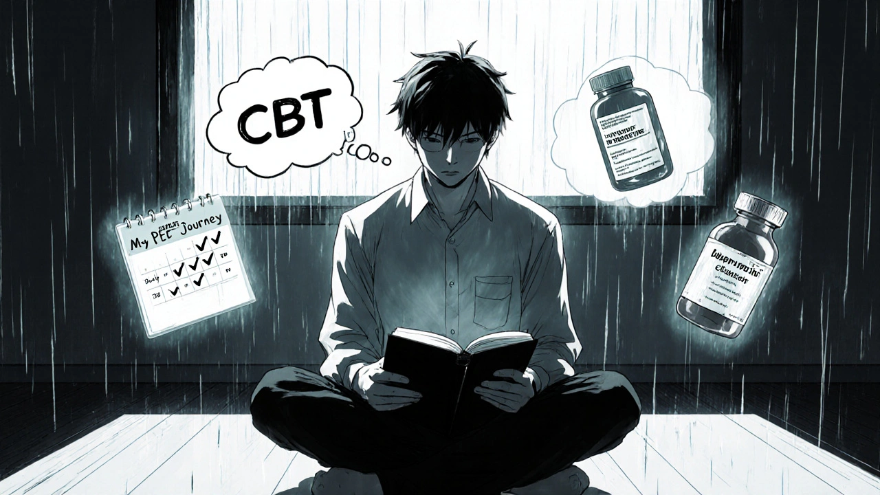 Man journaling about PE journey with floating icons of therapy, practice, and medication.