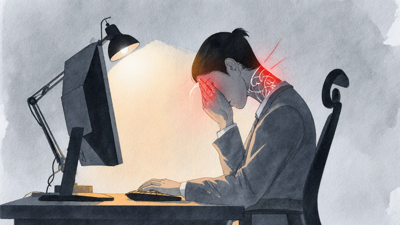 Office worker with slouched posture and visual tension lines indicating a headache.