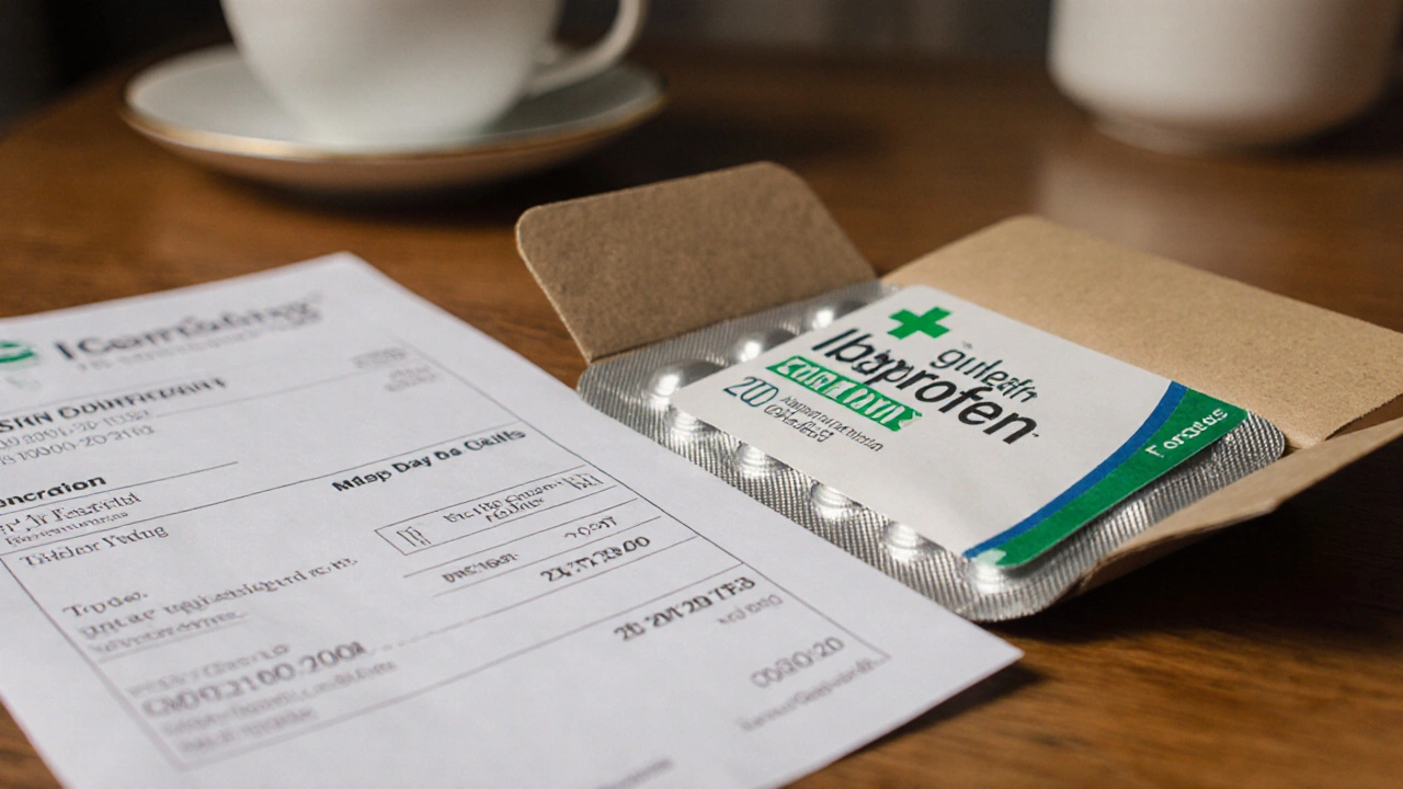 Opened parcel revealing ibuprofen blister pack with MHRA label and order slip.