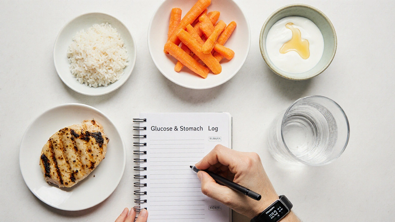 Overhead view of small low‑fat meals, CGM device, and a log notebook on a kitchen counter.