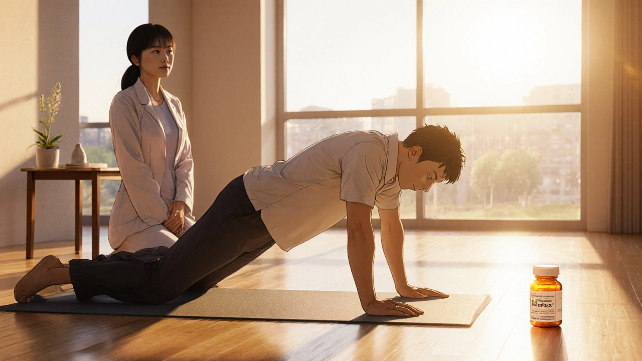 Patient stretches in bright studio, Etodolac bottle nearby, therapist observing.