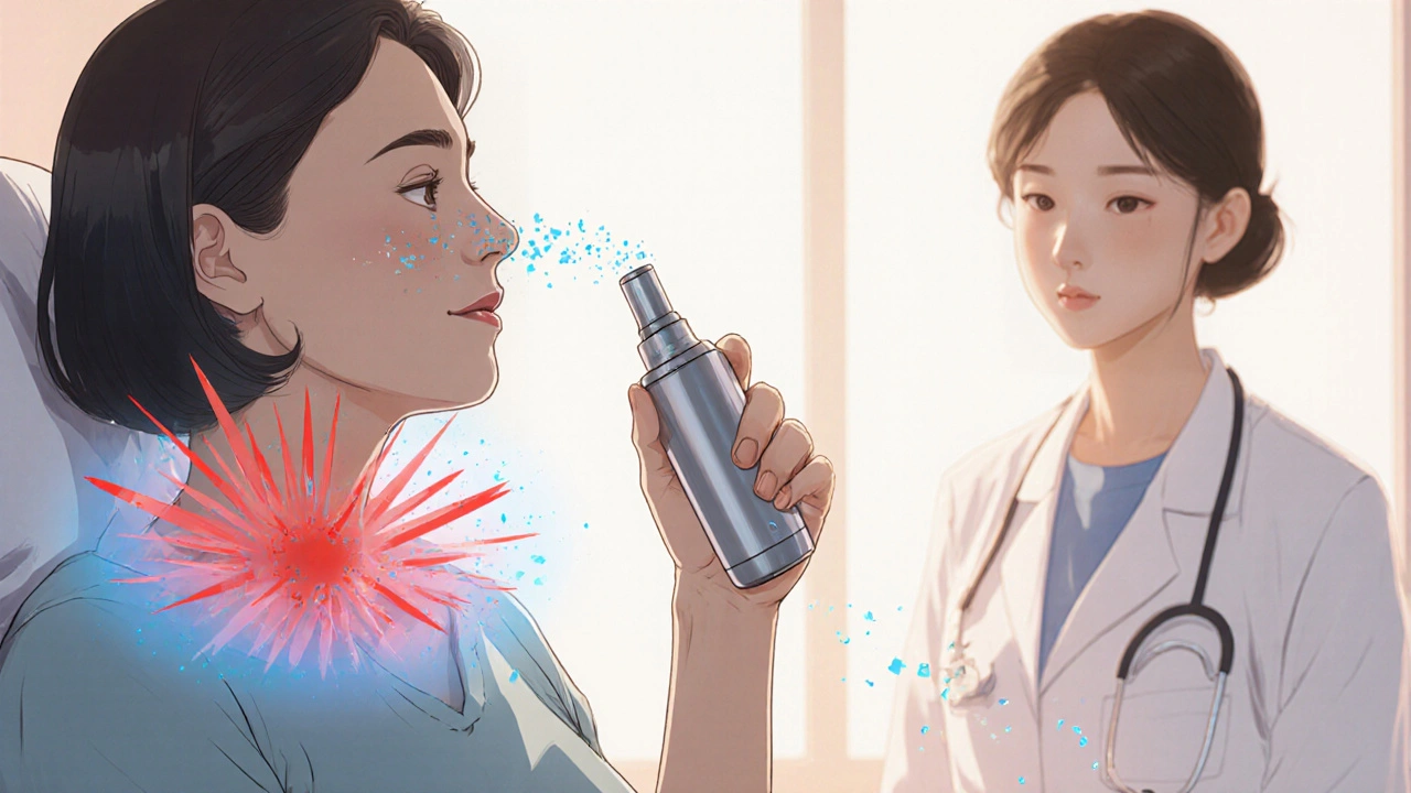 Patient using a nasal spray for calcitonin as pain aura fades in a hospital room.