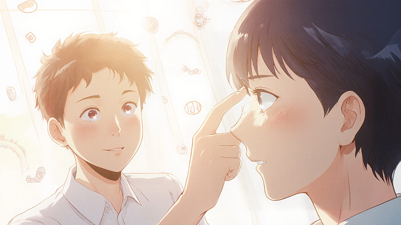 Patient with clear eyes and clinician showing improved tear film after treatment.