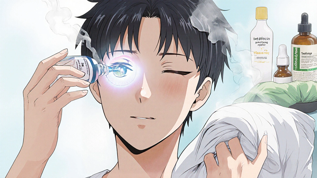 Person applying eye drops with a warm compress and lid‑hygiene items nearby.