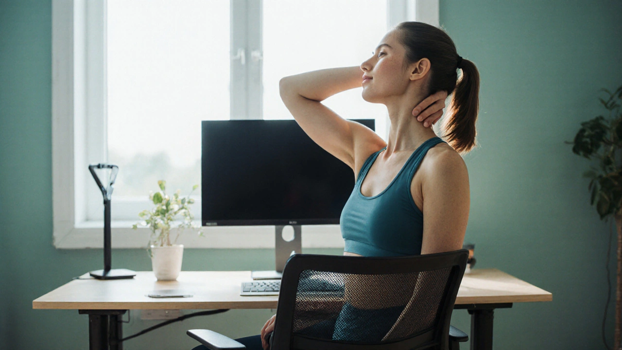 Person stretching neck at an ergonomic home office with natural daylight.