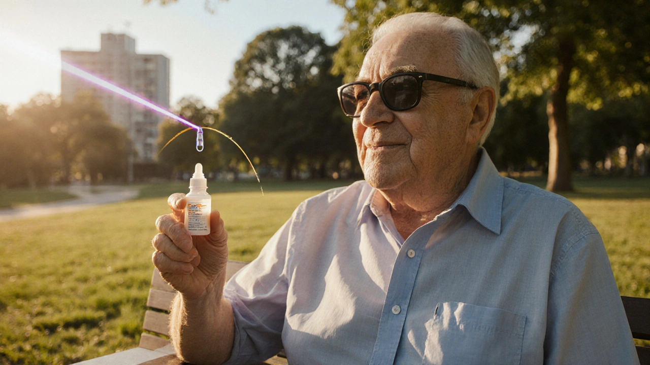 Person wearing sunglasses, holding eye‑drop bottle, with a laser beam symbolizing treatment.