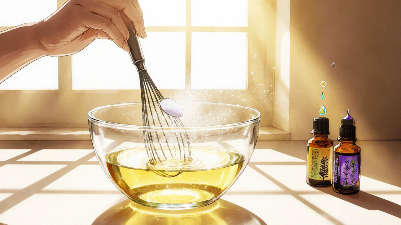 Person whisking oils and adding Allantoin powder while preparing a DIY blend.