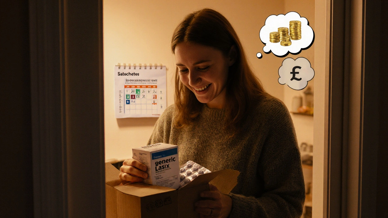 Recipient opening a delivery of generic Lasix tablets, smiling with a calendar showing repeat prescription.