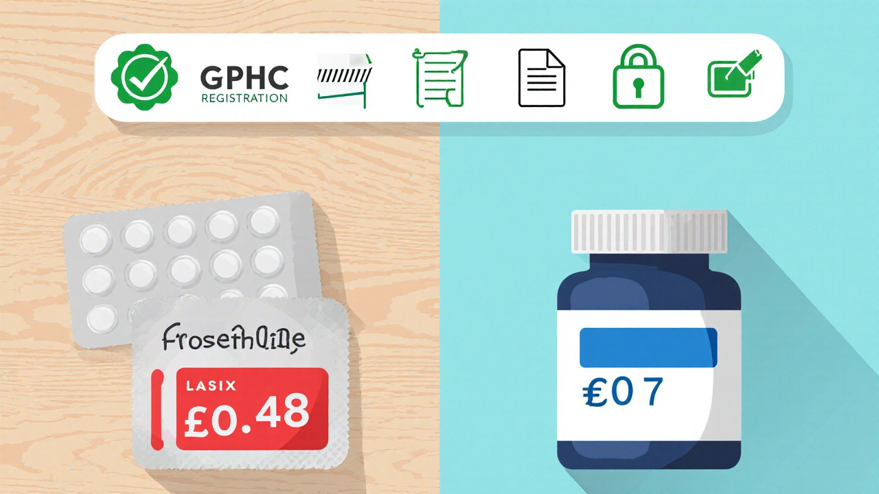 Side‑by‑side view of brand Lasix vs generic tablets with checklist icons for safety and price.