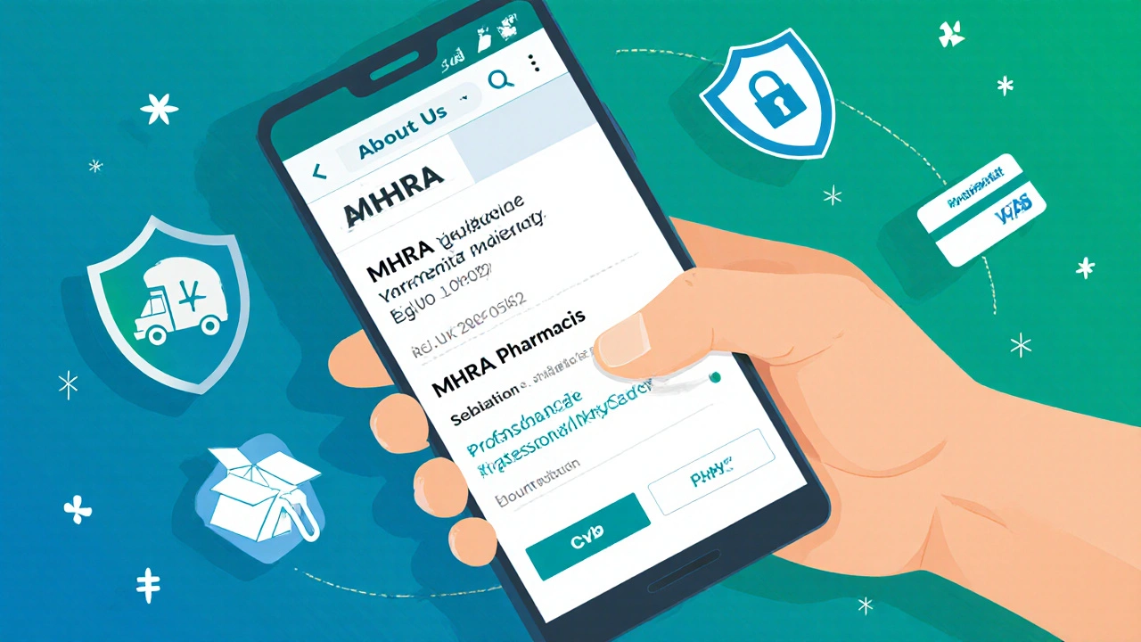 Smartphone display of pharmacy verification details: MHRA number, address, pharmacist info.
