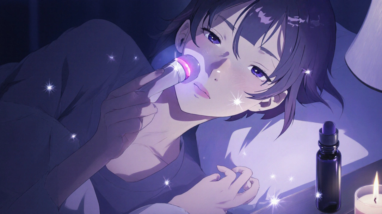 Someone applying lavender night cream with glowing skin and soft lavender light.