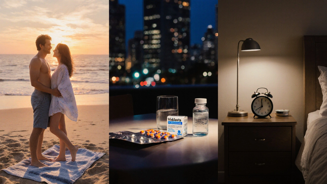 Split-scene showing beach weekend, restaurant quick-dose, and morning daily Cialis routine.