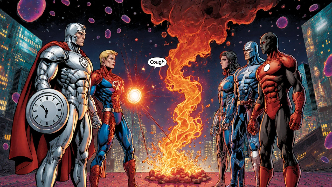 Superhero drug characters facing a smoky cough foe, each representing a different blood‑pressure medication.