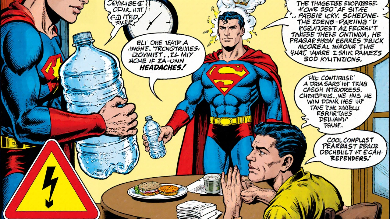 Superhero gives water and medication tips to a patient, with warning sign for severe headaches.