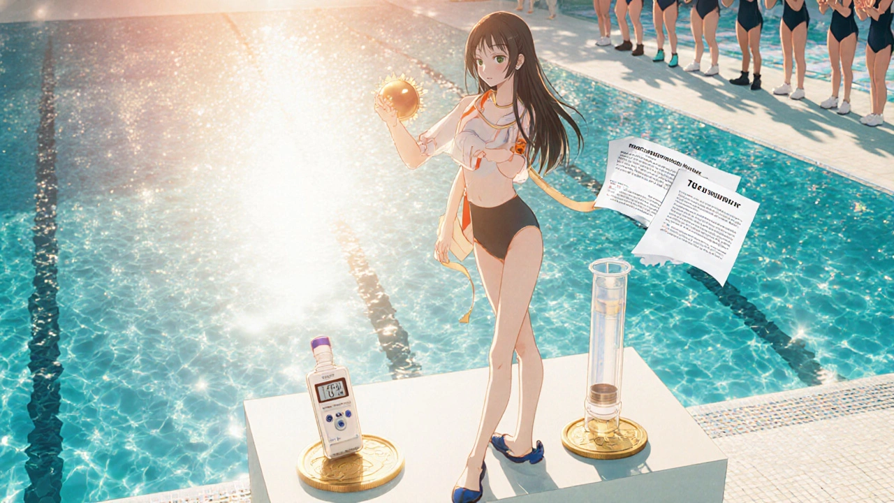 Swimmer on podium with peak‑flow meter and inhaler, celebrating asthma control.