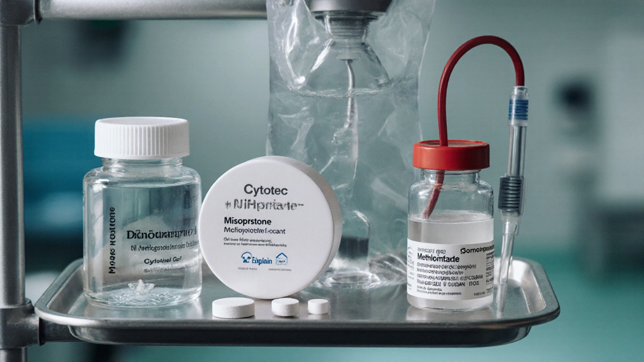 Top view of a tray with Dinoprostone gel, Mifepristone pill, Methotrexate syringe, and Oxytocin IV bag.