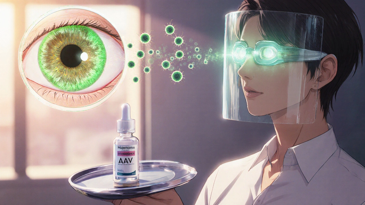 Visionary clinic scene with glowing retinal cells and gene‑therapy vectors indicating future therapy.