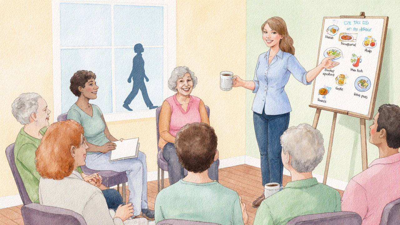 Watercolor group session with dietitian and participants discussing gastroparesis support.