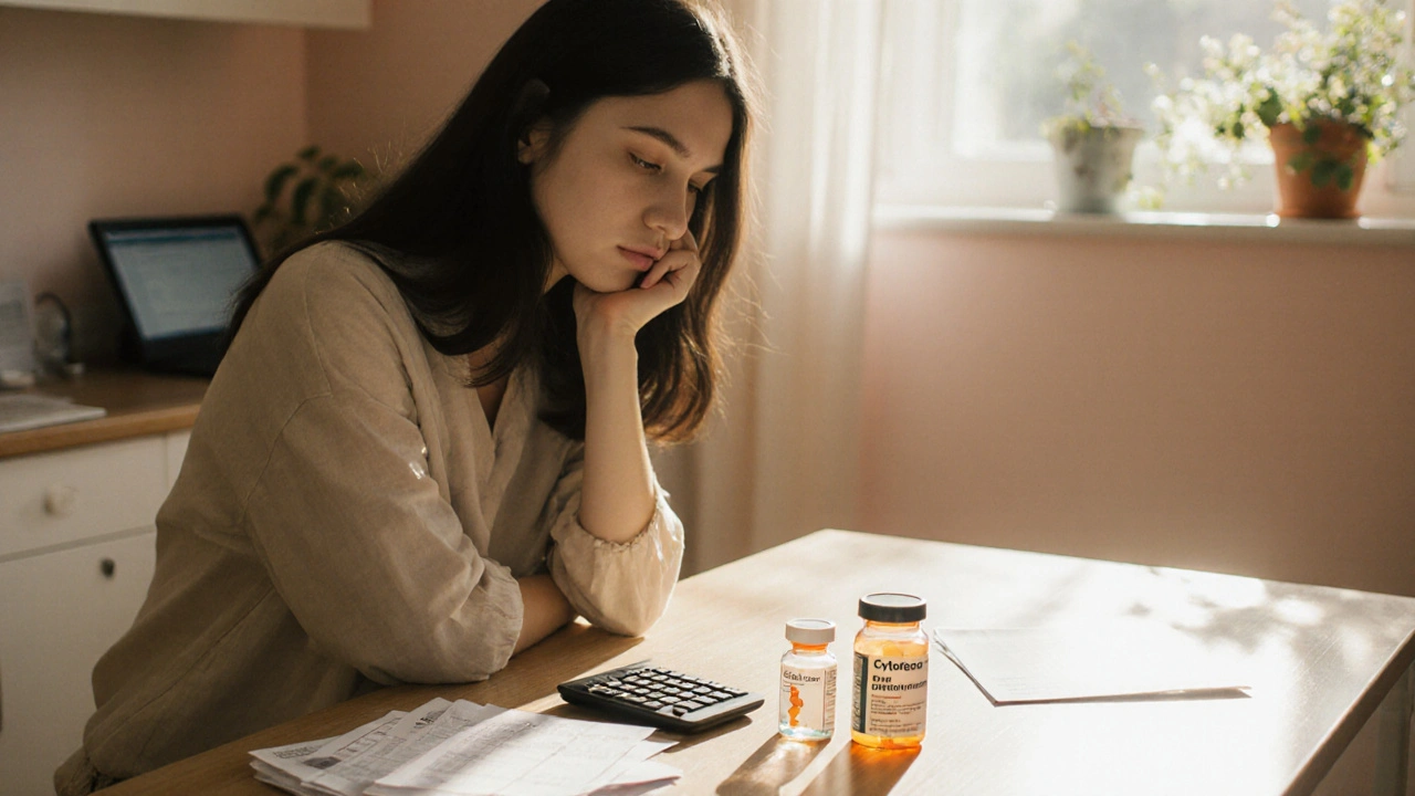 Woman at kitchen table contemplating medication bottles and pamphlets in morning light.