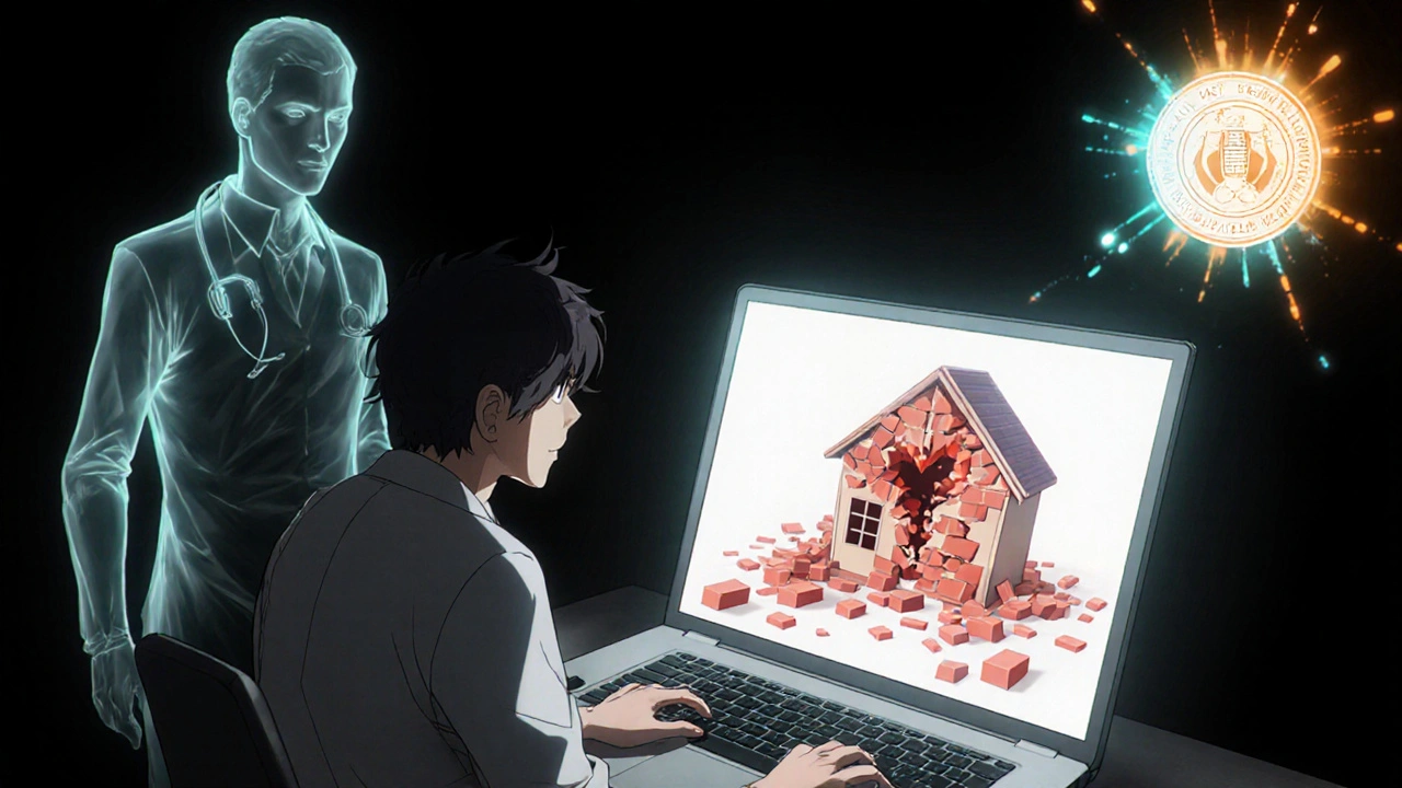 A doctor and patient view a digital risk simulation where choices affect a crumbling house, with a glowing IPDAS seal above.