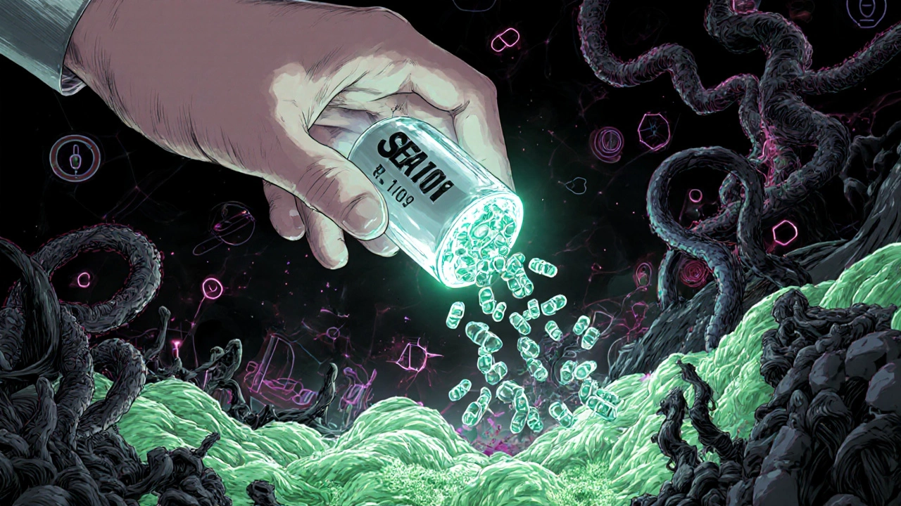 A glowing pill releases beneficial bacteria to restore gut health in anime style.