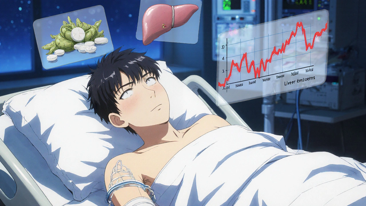 A hospitalized man with jaundiced skin, floating images of kava and Xanax above him, medical monitors beeping in the background.