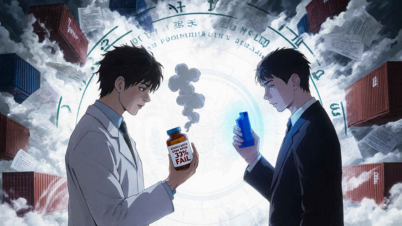 A lab technician confronts a defective overseas pill batch while holding a glowing U.S.-made inhaler before an FDA seal.