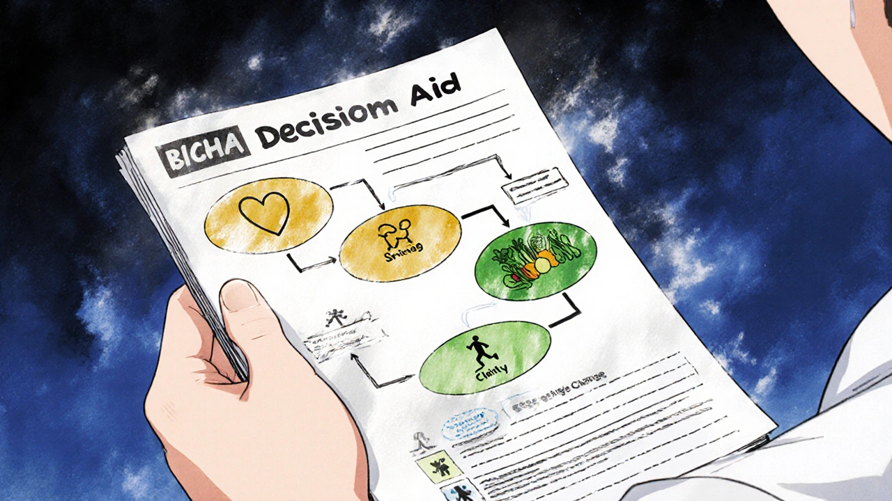A patient holds a pamphlet that transforms into an animated decision flowchart with emotional auras around each option.