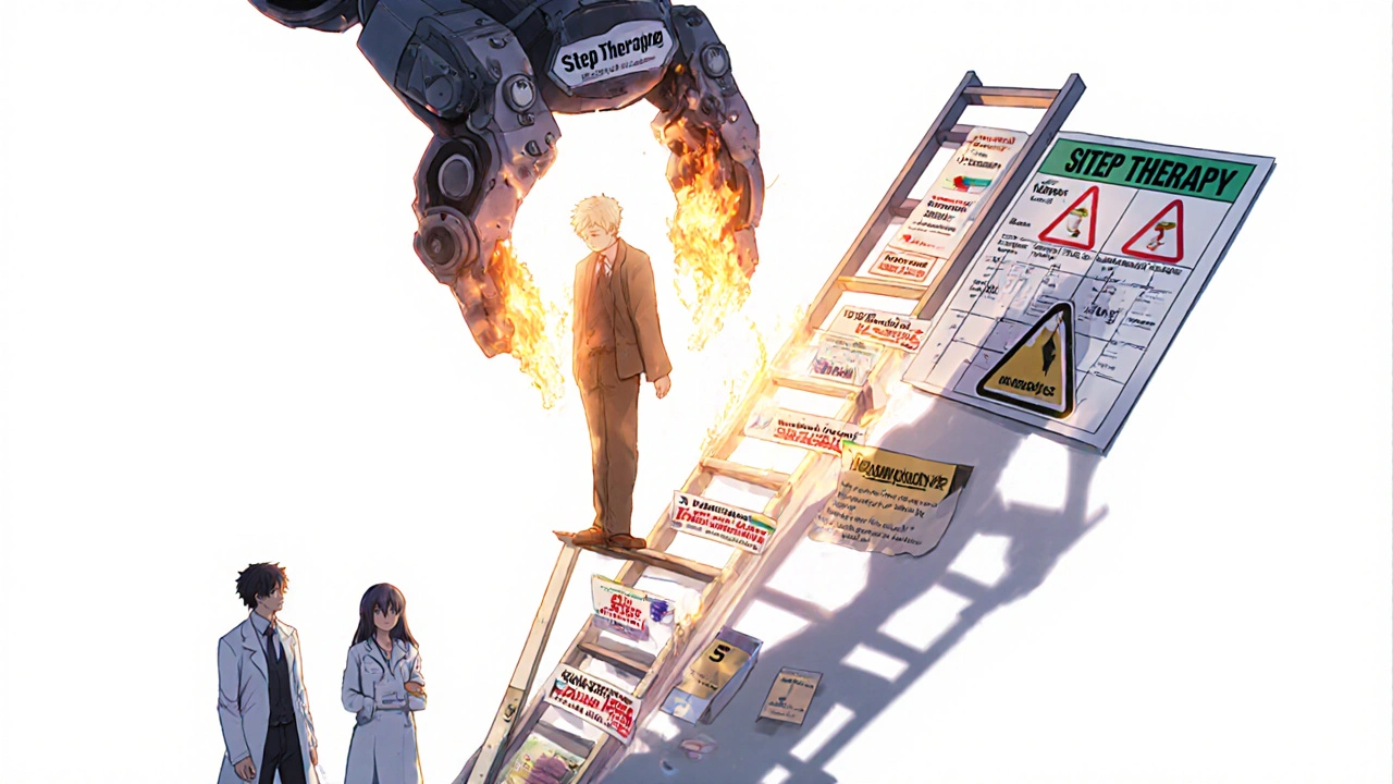 A patient is pushed down a tiered drug ladder by step therapy, with generics at the bottom and expensive brands above.
