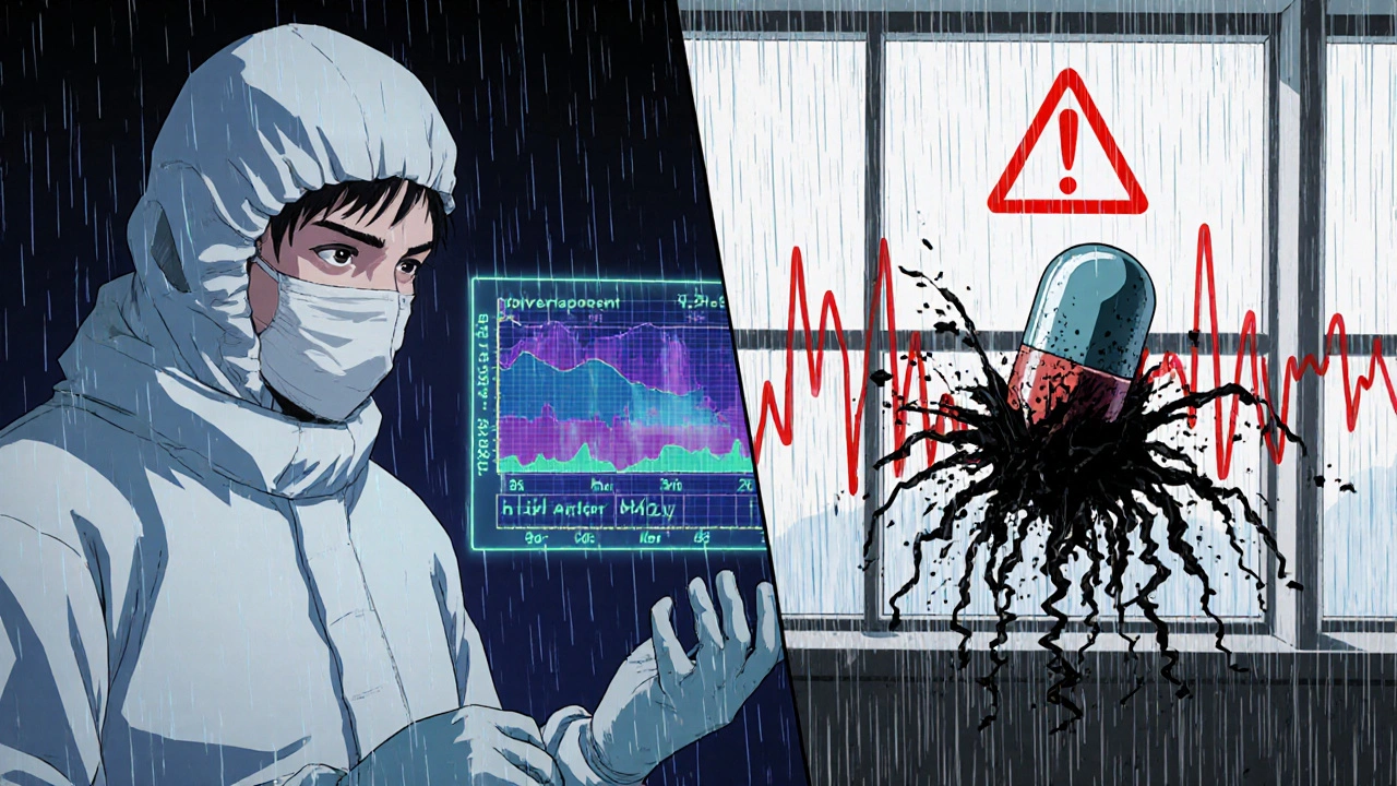 A scientist analyzing drug degradation data with a holographic display, showing a pill breaking down over time.